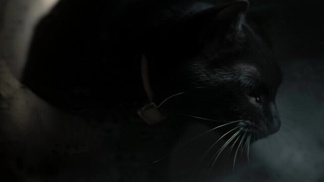 Hissing black cat with green eyes in dramatic lighting