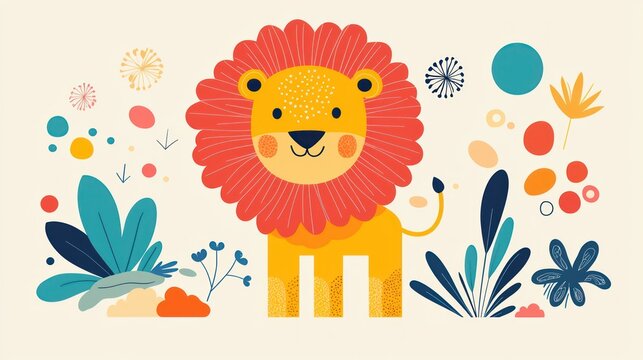 Cute cartoon lion in floral setting. Possible use Children's book illustration