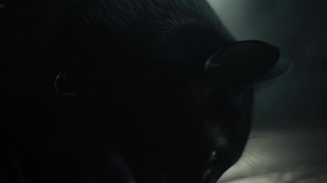 Black cat hissing with bright green eyes in dark moody atmosphere
