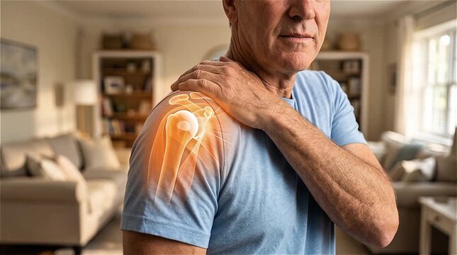 Middle Aged Man Holding Shoulder Pain With Glowing X-Ray Anatomy Overlay Joint Inflammation Rotator Cuff Concept Home Living Room Background