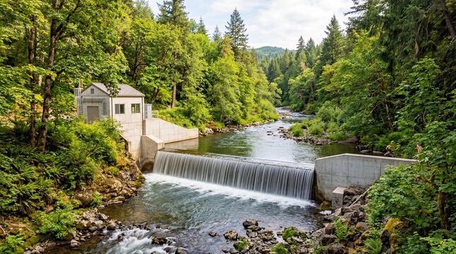 Modern Concrete Weir Structure At Run Of River Hydro Facility Showing Smooth Moving Water Current