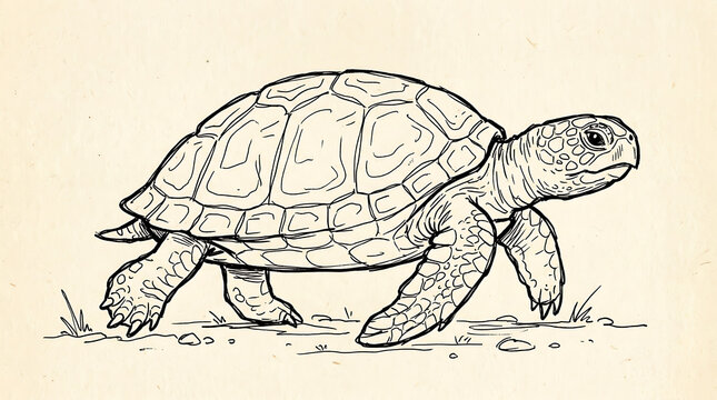 Hand drawn turtle outline illustration with detailed shell on transparent background