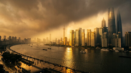Naklejka premium Rich golden light piercing through dense smog layers onto reflective urban water surface at sunset