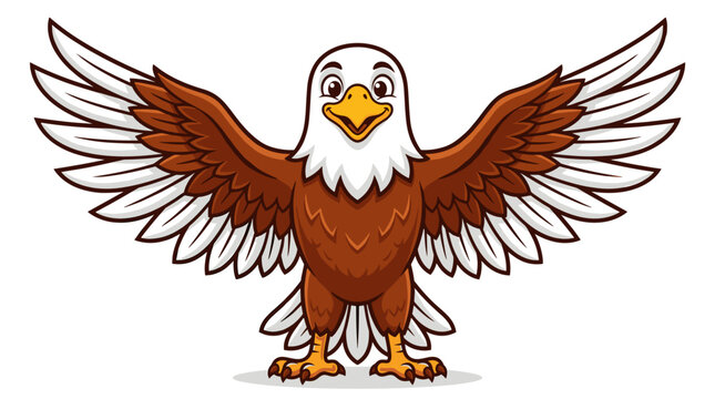 A cheerful anthropomorphic eagle character with vibrant brown feathers and a friendly expression spreading its wings wide in a playful and inviting pose against a clean white