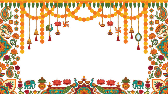 Colorful Indian festival decoration with traditional symbols and floral elements on white background