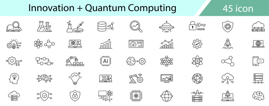 Set of 45 innovation and quantum computing related icons with transparent background