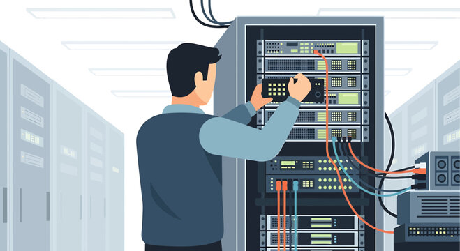 IT technician working on server rack in data center, network hardware maintenance