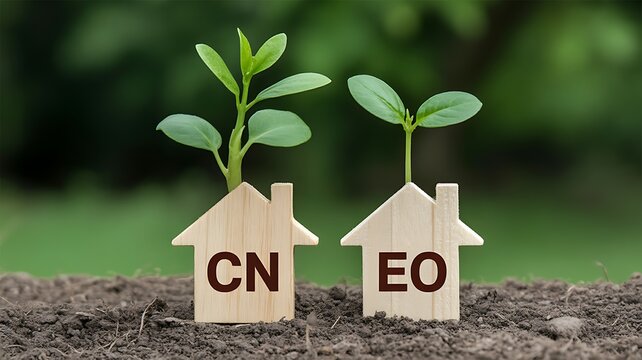 Two small wooden houses labeled cn and eo with green plants on mossy ground