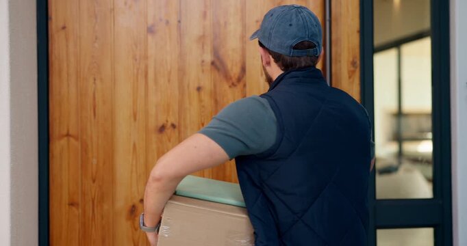 Knock, delivery and man at door with package for shipping, courier service and ecommerce order. Waiting, house and back of person with parcel, cargo and box for logistics, distribution and shipment