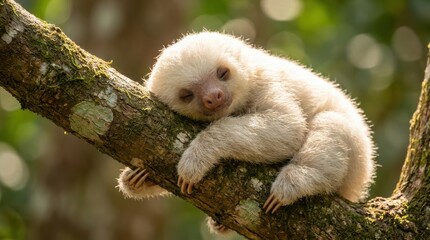 Fototapeta premium Adorable baby sloth sleeping peacefully on a tree branch in a lush tropical forest