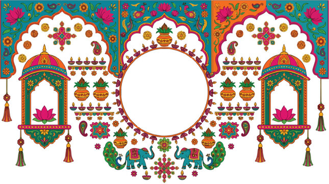 Colorful Indian cultural design with elephants and floral elements on white background