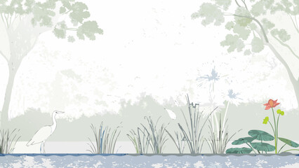 Riverbank Scene With Heron And Lotus Flower Soft Vector Illustration © bashanti