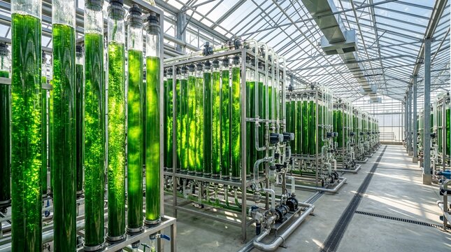 Sustainable algae biofuel bioreactor energy plant facility featuring illuminated rows of glowing emerald green cylinders