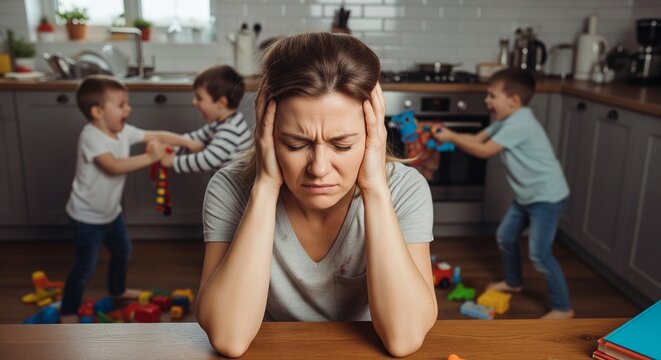 Stressed mother overwhelmed by noisy children playing wildly in a chaotic kitchen environment