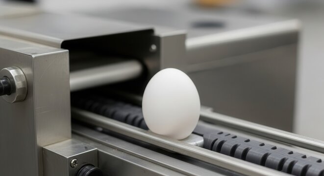 A single white egg moving along an industrial factory conveyor belt system.