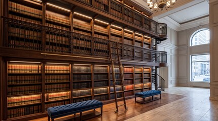 Obraz premium Stately Law Office Entrance Lobby Showcasing Grand Multi Level Bookshelf Wall With Classic Ladder Decor