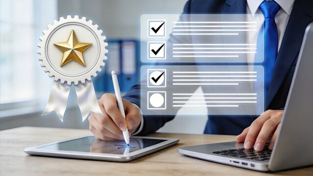 Business professional using digital tablet with checklist, quality certification badge, corporate success concept