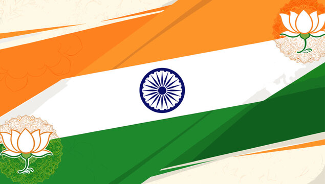Indian flag with lotus symbols, representing national pride and political affiliation.