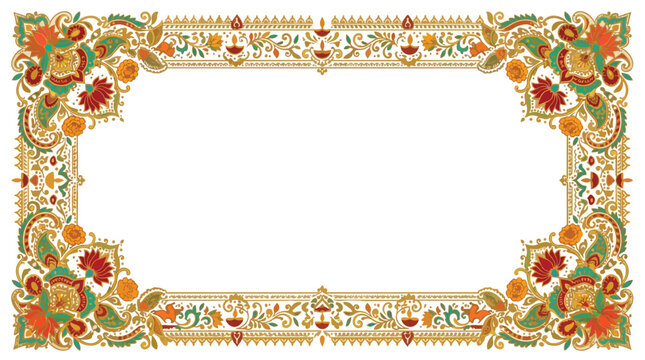 Ornate Indian floral border design with traditional paisley and lotus flower elements on white
