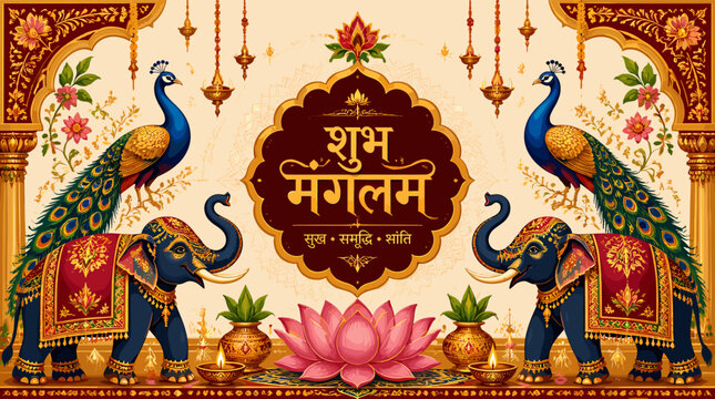 Vibrant Indian festive banner with peacocks, decorated elephants, lotus, and 'Shubh Mangalam' text, symbolizing auspicious blessings and traditional celebration.