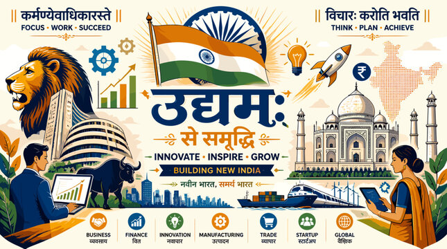 A vibrant illustration depicting India's economic growth, innovation, and national development, featuring iconic landmarks, business symbols, and motivational slogans.