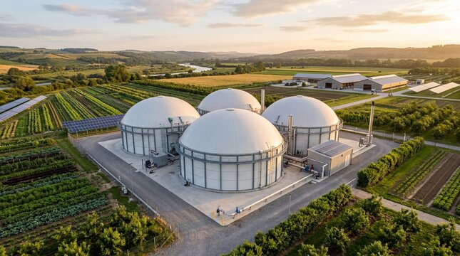 Innovative bioenergy processing plant with massive clean dome shape containers situated inside eco friendly facility