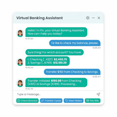 Obraz premium A virtual banking assistant chatbot interface on a computer screen with a user interacting to check account balance and transfer funds.