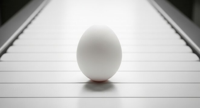 A single white egg sitting on a clean white industrial conveyor belt.