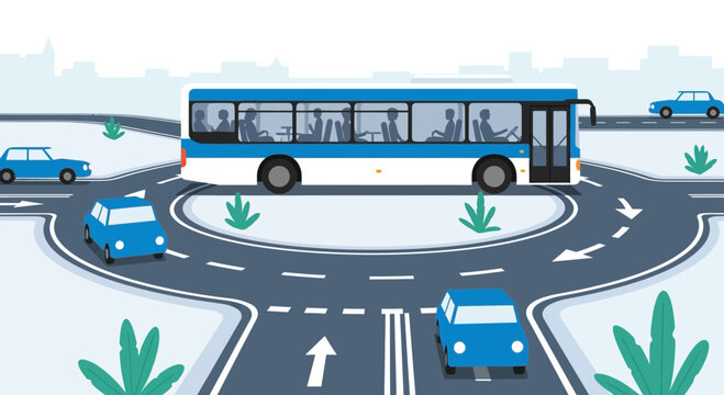 Roundabout traffic flow with bus and cars, urban transport illustration