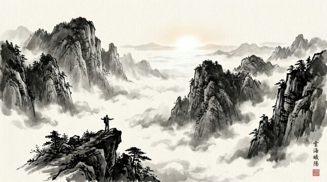 Ink wash painting of a hiker standing on a mountain cliff overlooking a sea of clouds at sunrise