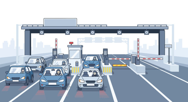 Toll Booth Highway Traffic Congestion with Cars Waiting in Line