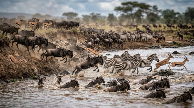 Great migration of wildebeest and zebras crossing the mara river in serengeti national park, tanzania