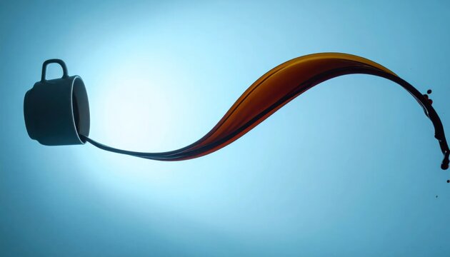 Dynamic Coffee Splash From Tilted Mug Against Blue Background.