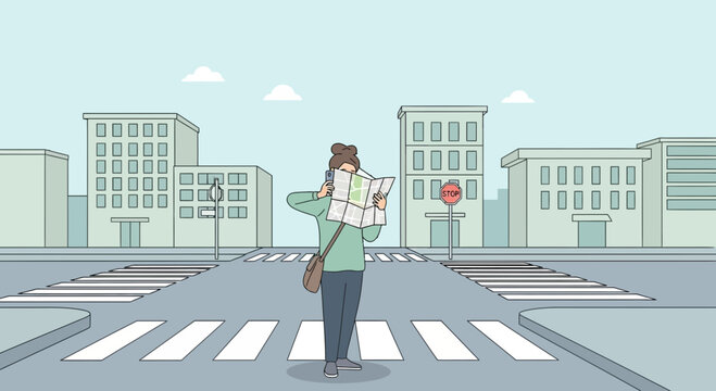 Woman Lost in City, Reading Map at Crosswalk, Looking for Direction