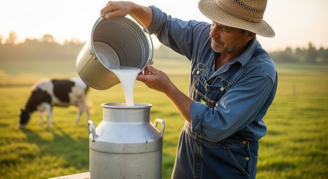 A farmer pouring fresh milk from a bucket into a metal container on a farm.