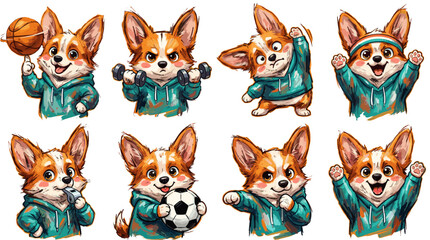 Fototapeta premium A collection of eight adorable cartoon corgis engaged in various athletic activities, showcasing their playful and energetic nature.