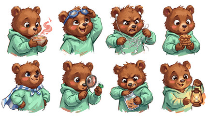 Fototapeta premium A collection of eight adorable cartoon bear illustrations, each depicting a different emotion or activity, perfect for children's books or playful designs.