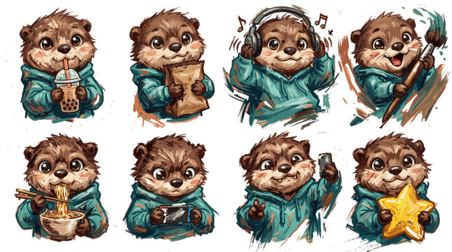 A charming collection of eight adorable cartoon otters engaged in various delightful activities, showcasing their playful personalities.