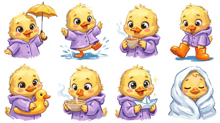 Fototapeta premium A collection of adorable cartoon ducklings engaged in various cute activities, showcasing different moods and weather conditions.
