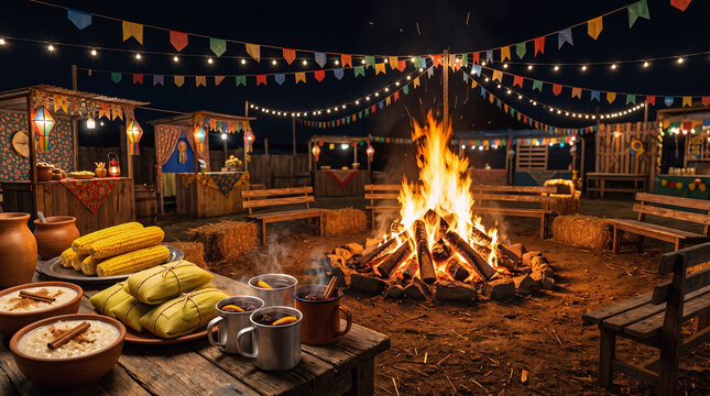 A traditional Brazilian Festa Junina setting at night, with a central bonfire, colorful flags, rustic stalls and typical foods like corn and pamonha, warm lighting and a welcoming atmosphere.
