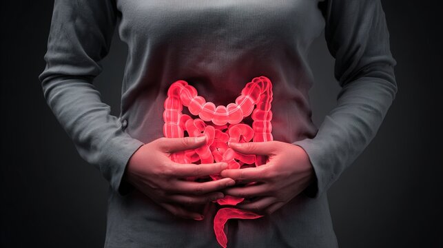Inflammatory Bowel Disease Awareness Concept with Human Digestive System Illustration, Chronic Gastrointestinal Inflammation, Crohn&rsquo;s Disease and Ulcerative Colitis Medical Healthcare Background