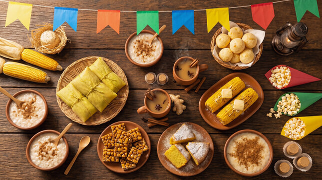 June festival with pumpkin sweets, quindim (a Brazilian coconut custard), and other typical June festival sweets on a rustic wooden table.