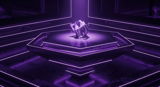 Abstract purple neon glowing cube on a futuristic pedestal.