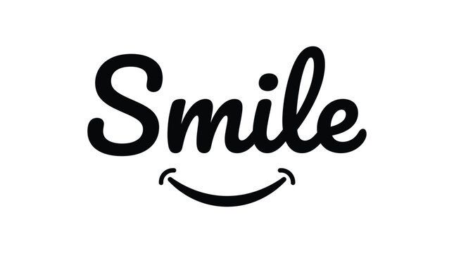 Minimalist black and white vector illustration of the word smile with a simple curved mouth graphic