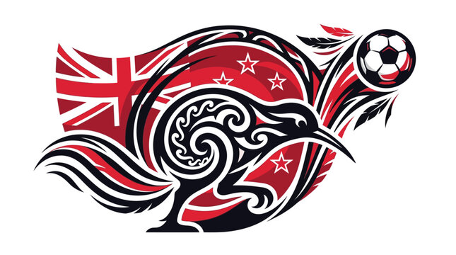 Vector illustration of a New Zealand kiwi bird designed with tribal Maori koru patterns, integrated with a soccer ball, red and white stars, and elements of the national flag.
