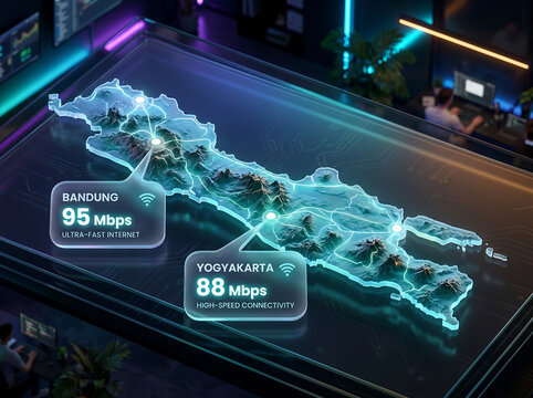 3D Holographic Java Island Map Visualizing Internet Speed Data Network in Futuristic Command Center