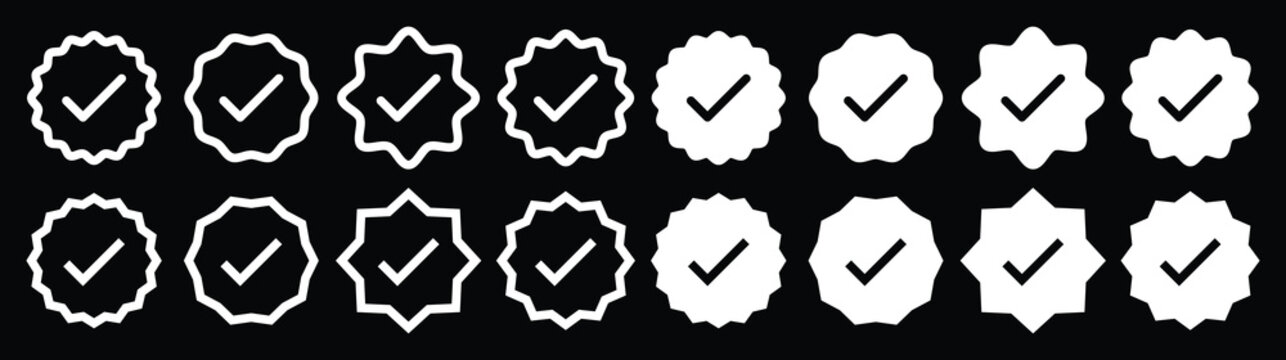 social media check mark set. approved profile sign. black, gold and blue tick in circles and rounded corner star. blue check mark icon tick symbol verification sign. verified check mark icon. account