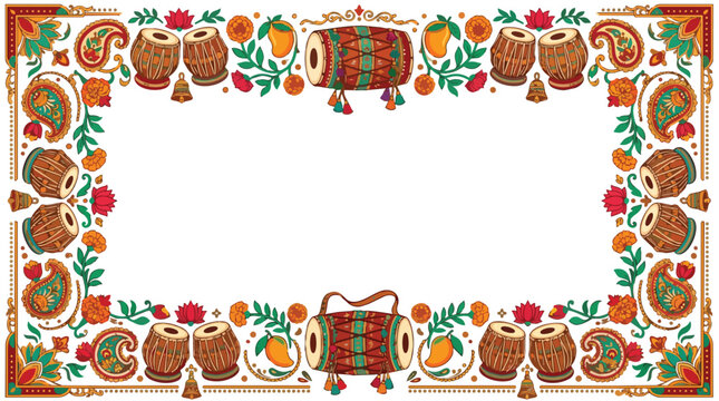 Decorative Indian musical instrument frame with tabla drums, mangoes, flowers, and paisley design