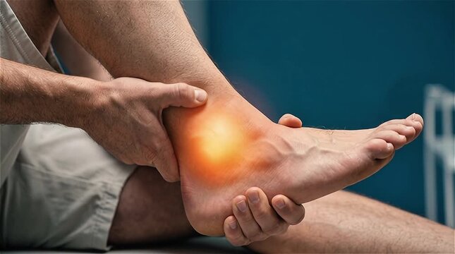 Close-Up Hands Holding Ankle Pain Glowing Red Orange Inflammation Spot Sprain Injury Concept Clinic Dark Teal Background