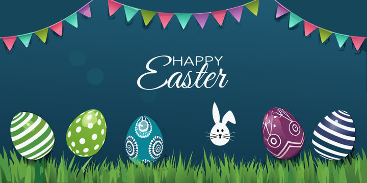 Decorated easter eggs and bunny with festive bunting vector illustration